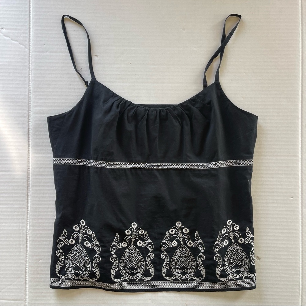 Ann Taylor Petites Spaghetti Strap Shirt Top Ladies Size 14 Black with White emb
